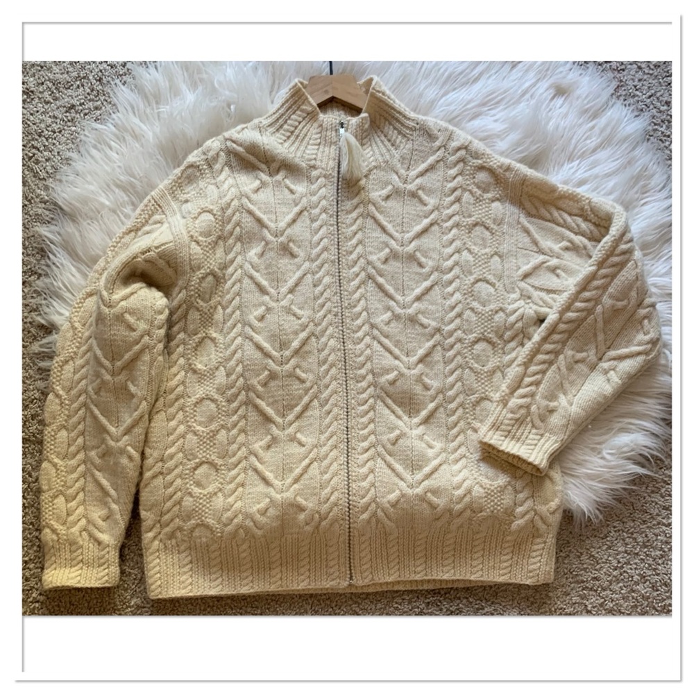 Lauren Ralph Lauren Wool Oversized Cableknit Cardigan Sweater Cream Size Medium